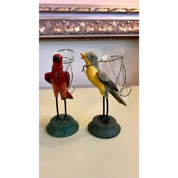 Set‎ of 2 Hand-painted Birds Finch Decorative Vase Candle Holders - Picture 2 of 10